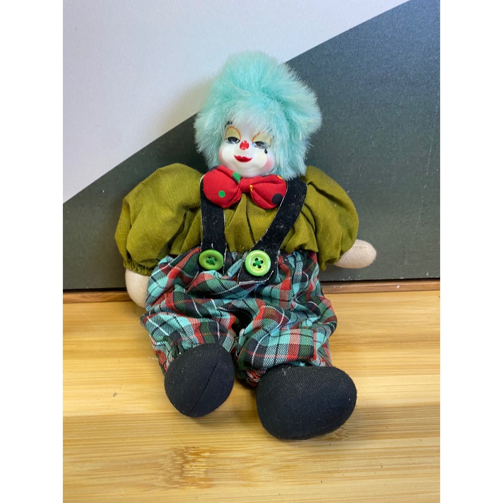Unbranded Porcelain Clown Doll Unisex Small Multicolor Plaid Teal Hair Kitsch